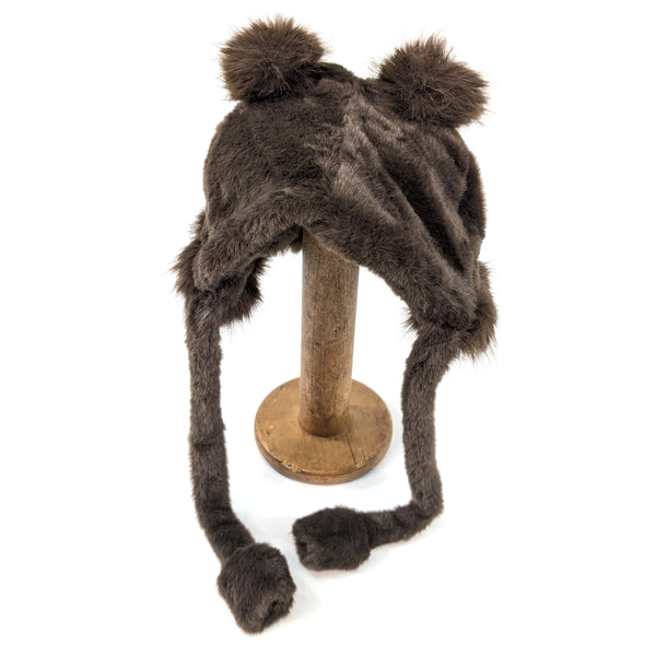 Faux Fur Brown Bear Hat with Long Ties - Dark Brown