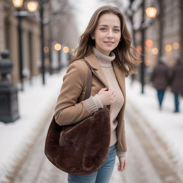Cora - Faux Fur Shoulder Bag - Dark Brown