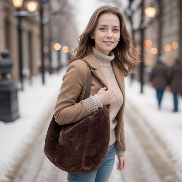 Cora - Faux Fur Shoulder Bag - Dark Brown