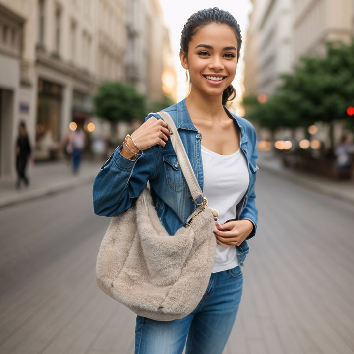 Cora - Faux Fur Shoulder Bag - Cream