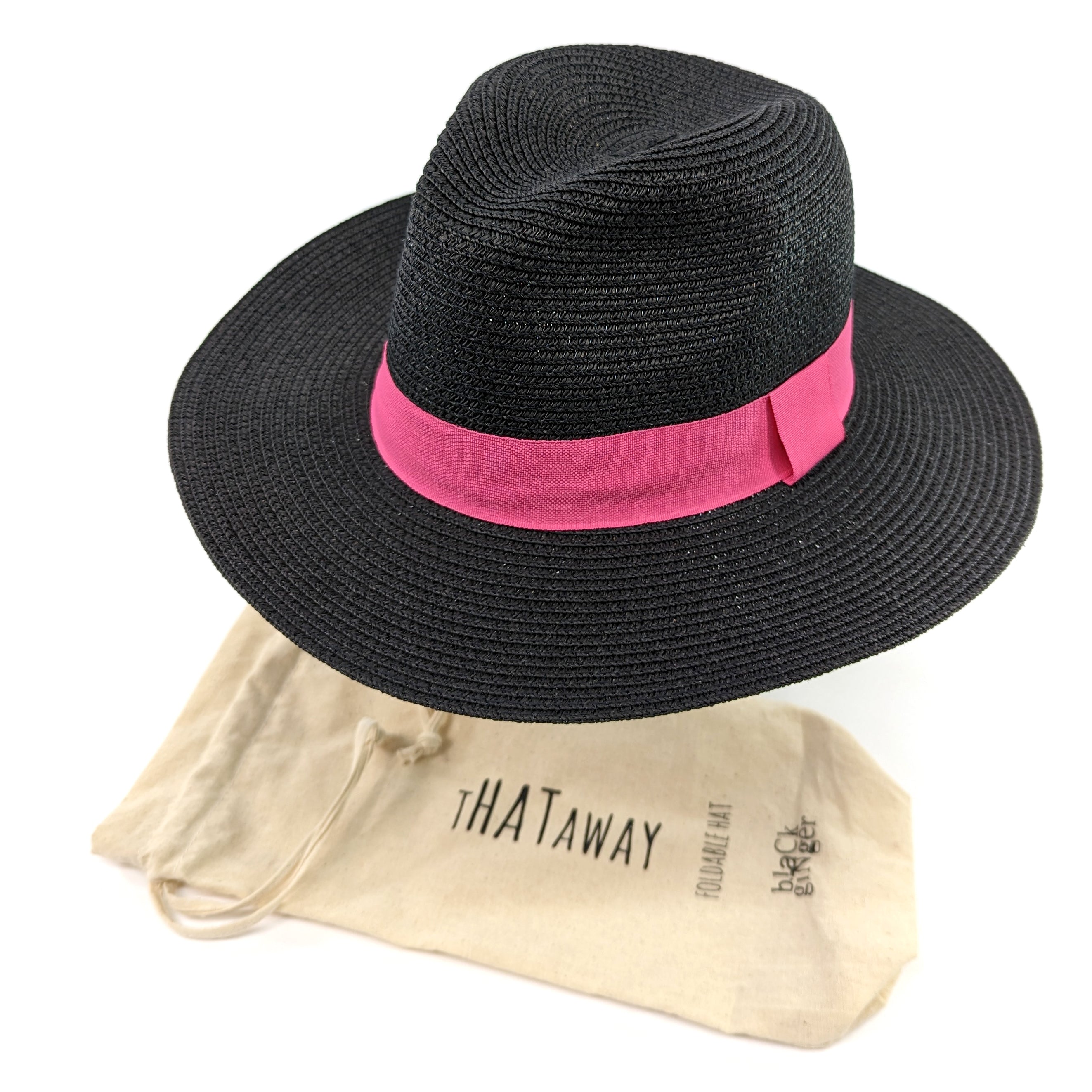 Folding Panama Style Travel Sun Hat - Black & Pink (57cm)