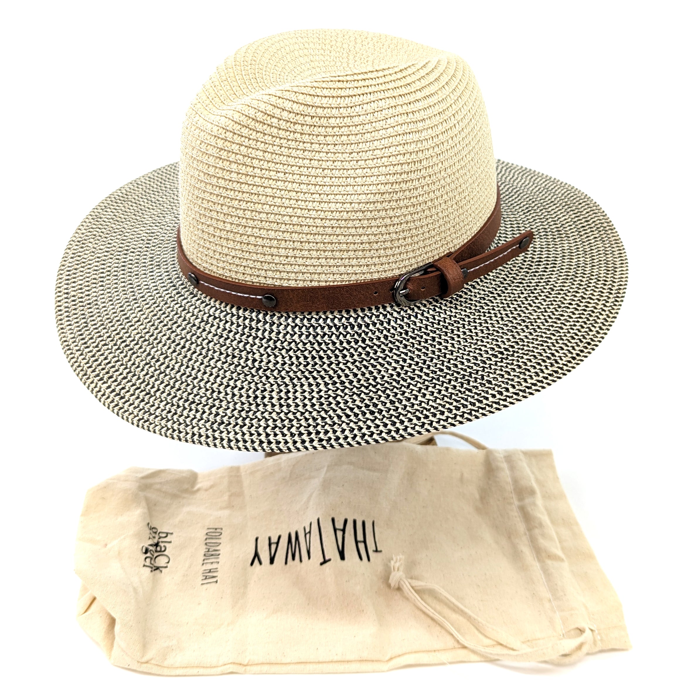 Folding Panama Style Travel Sun Hat - Mottled/Natural with Belt (61cm)