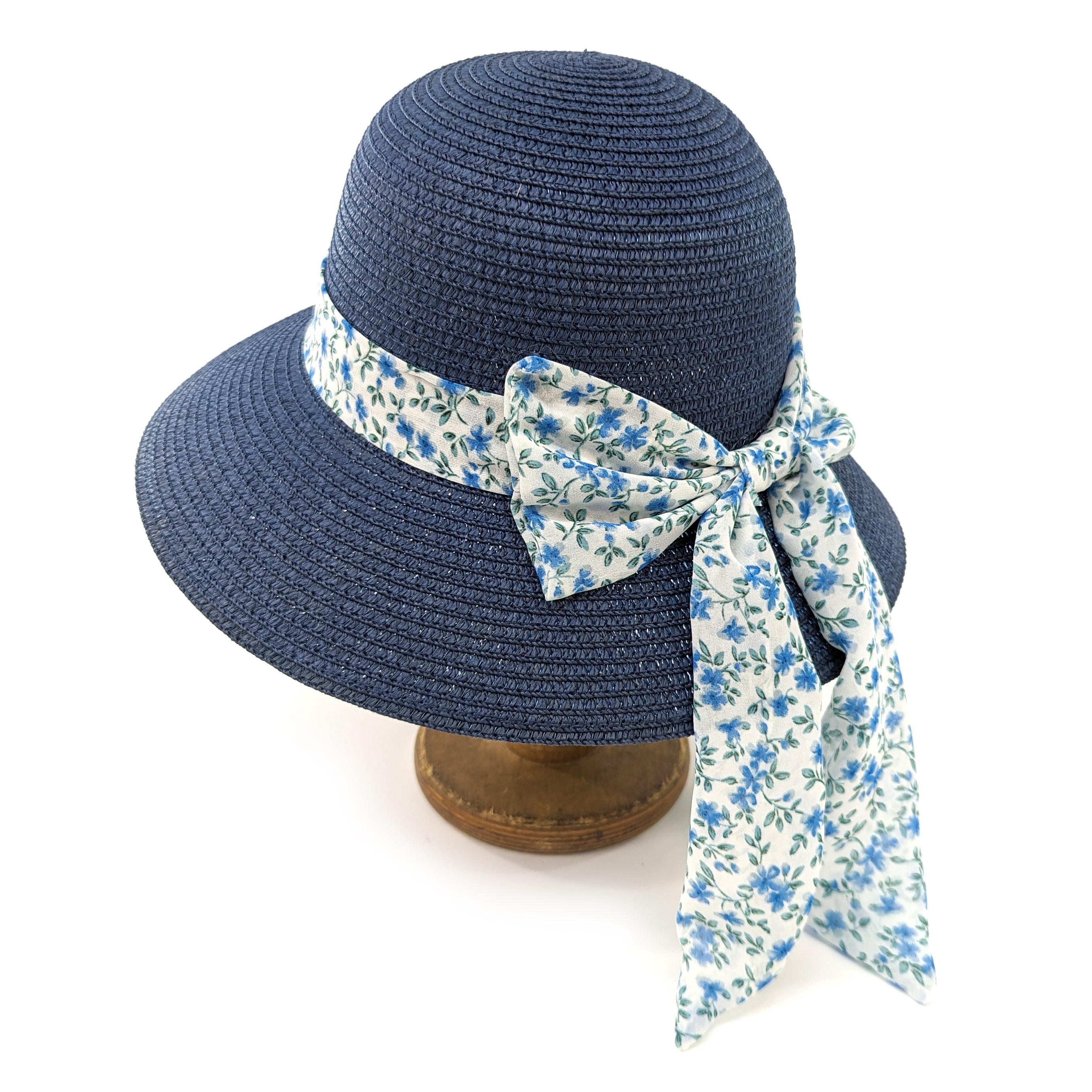 Chapeau de soleil de voyage pliable pour femme – Ruban marguerite bleu foncé (57 cm)