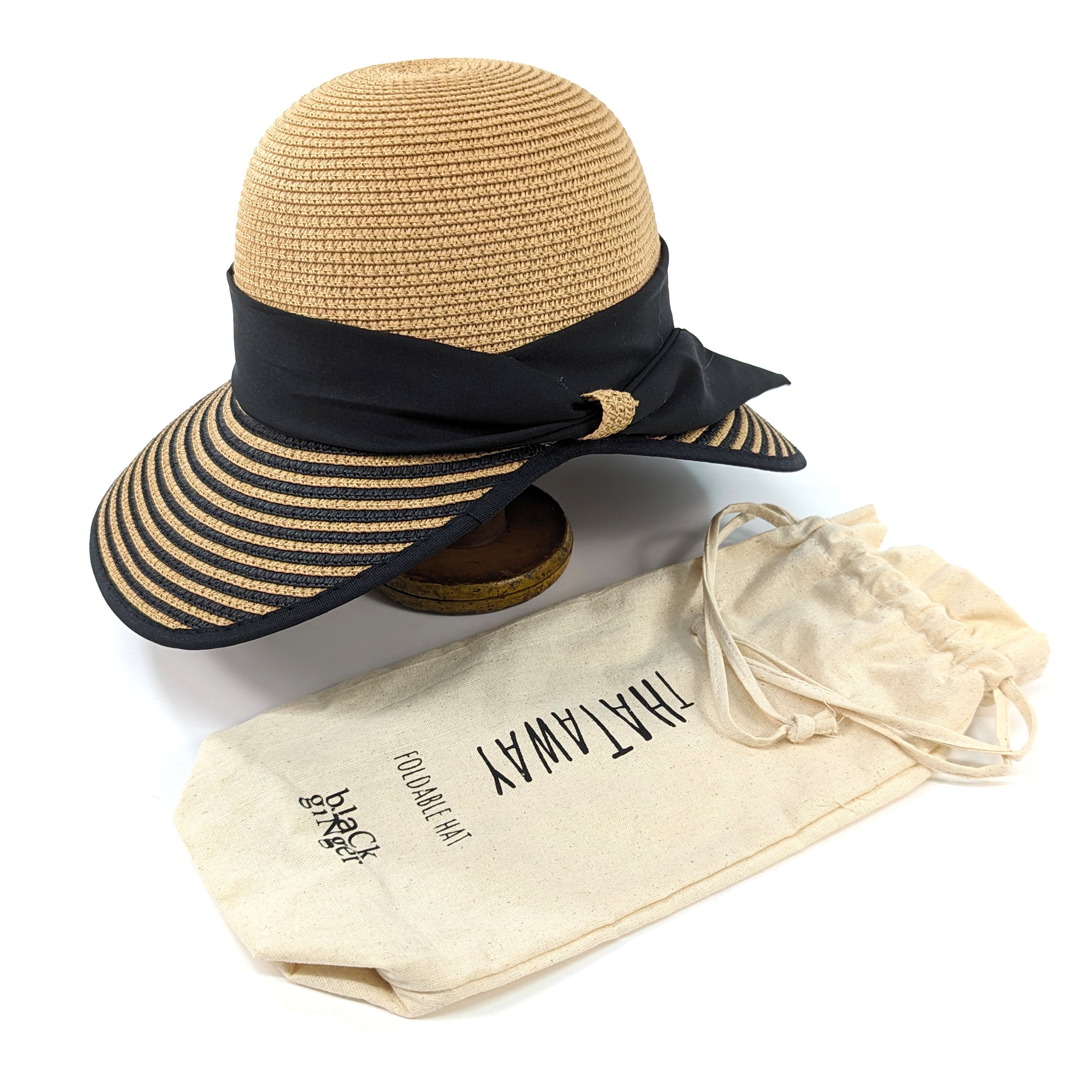 Stripey Open Back Foldable Hat - Dark Natural