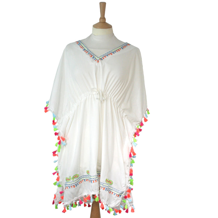 Evora - 100% Cotton Poncho with Tassels - White/Multicolured 1