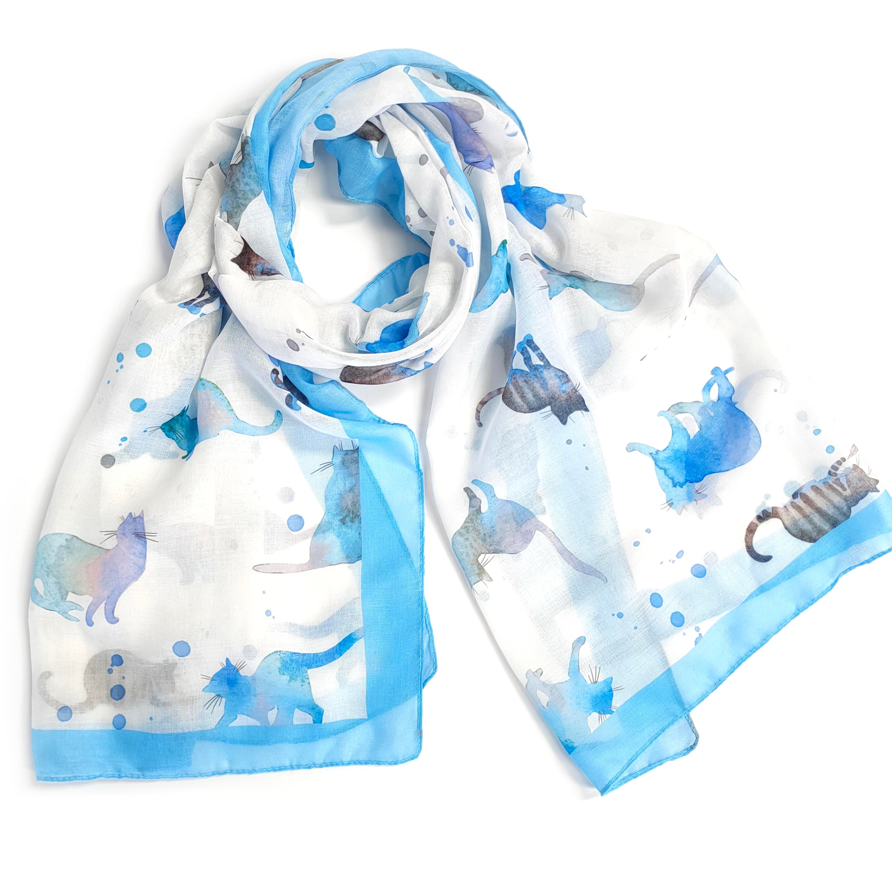 Watercolour Cat Scarf - Blue (50x180cm)