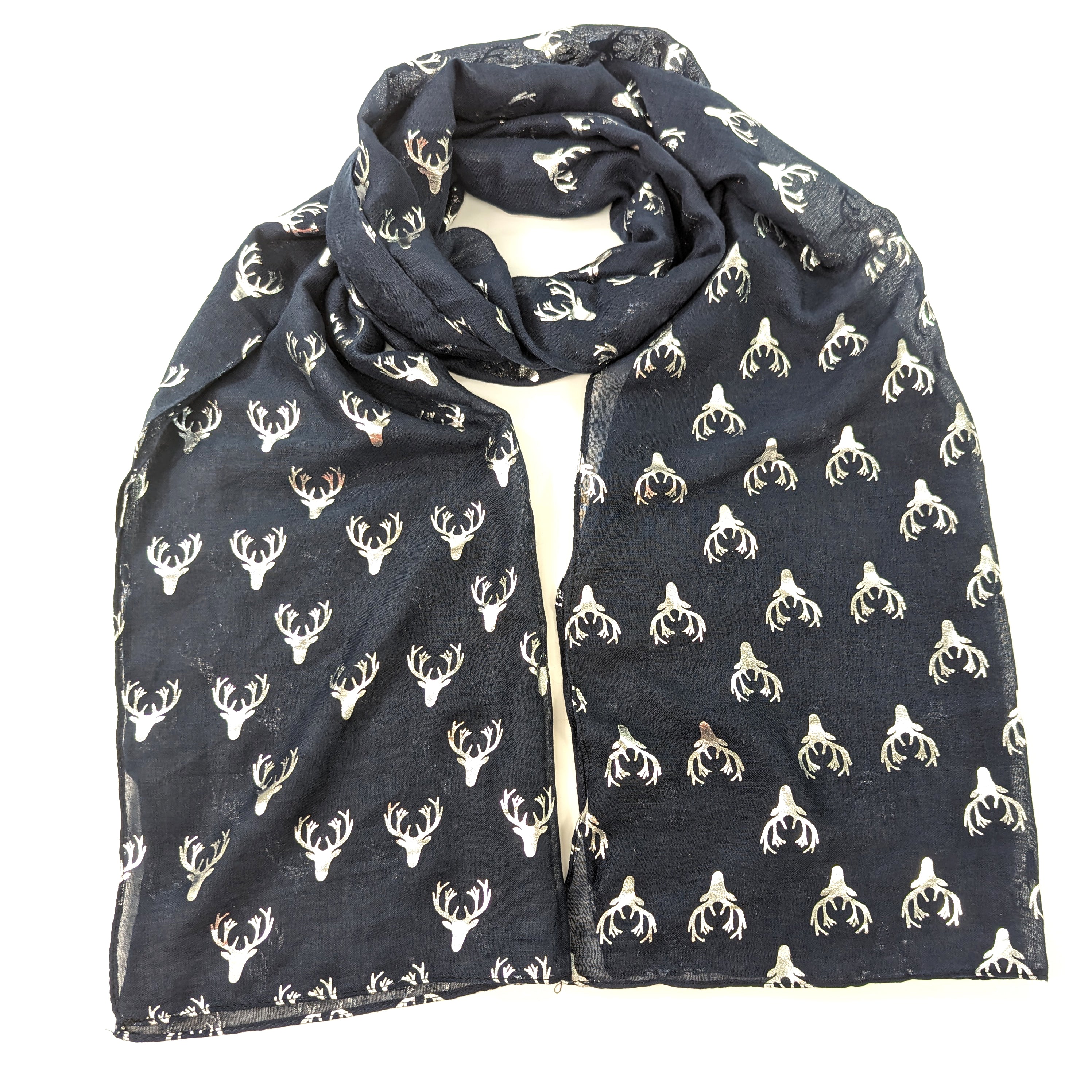 Seli - Stag Head Scarf - Silver on Navy