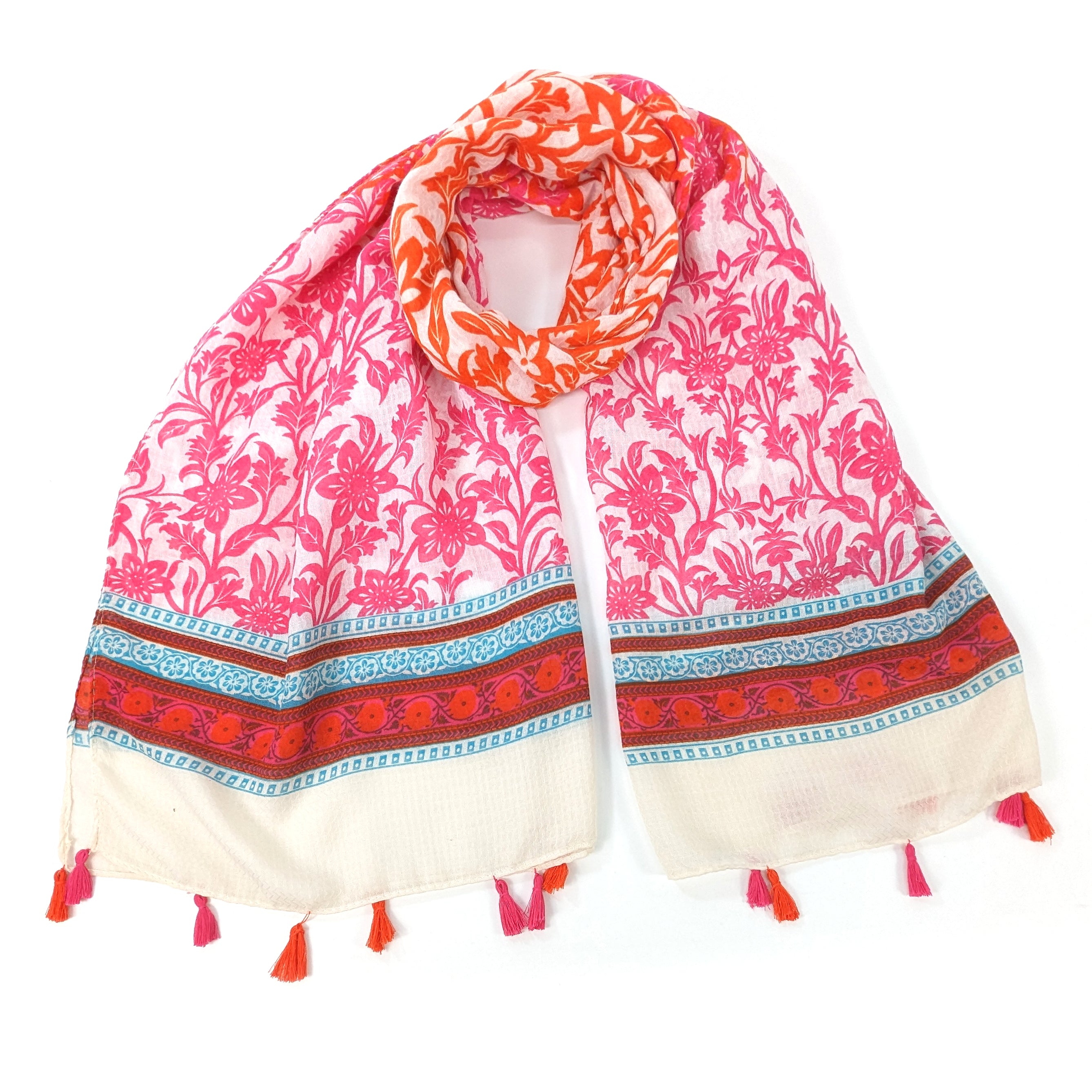 Juri - Bordered Flower Scarf - Pink/Orange (80x180cm)