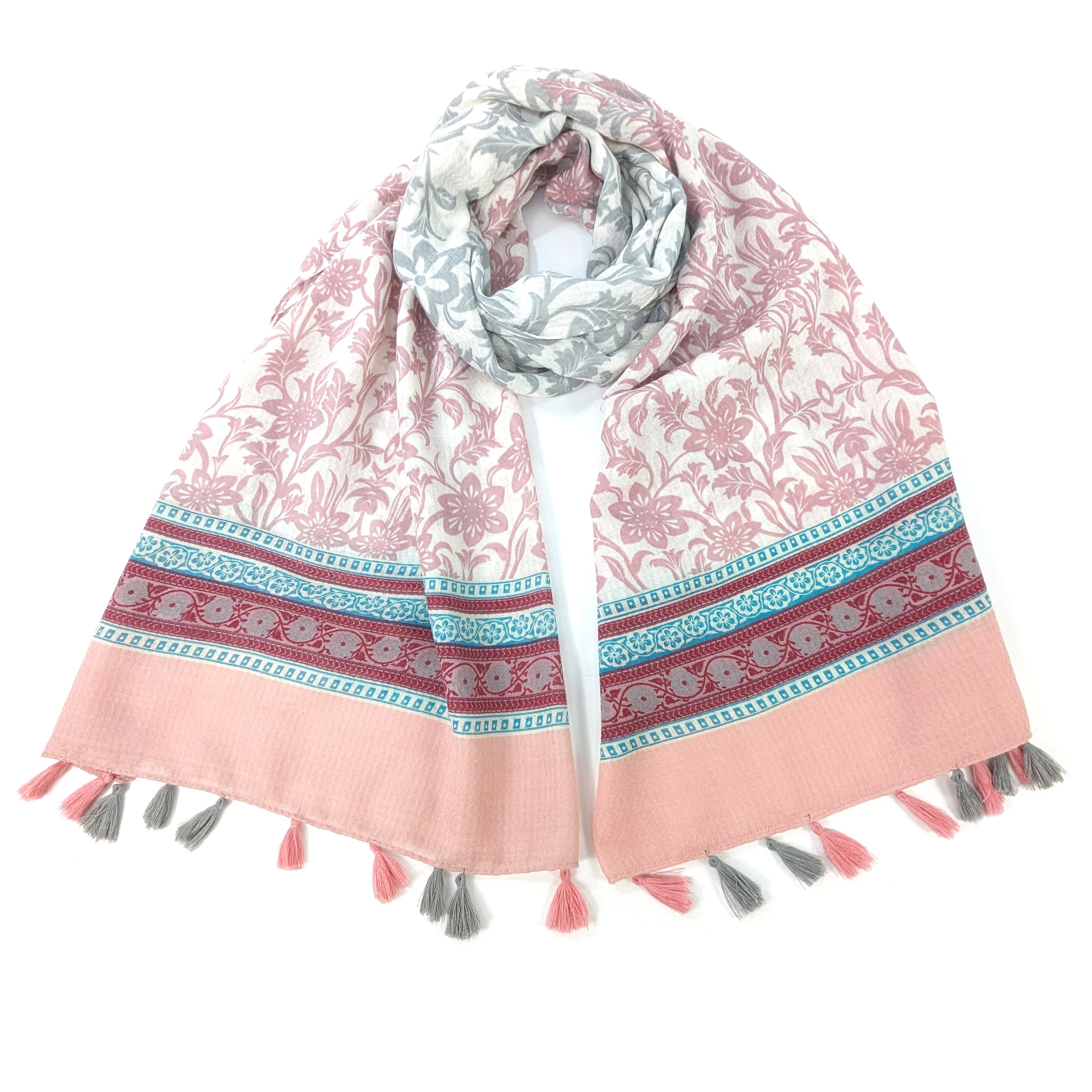 Juri - Bordered Flower Scarf - Grey/Pink (80x180cm)