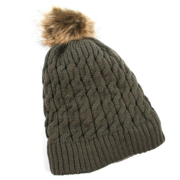 Cable Knit Bobble Hat - Green (Lined)