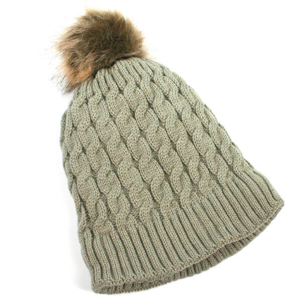 Cable Knit Bobble Hat - Grey (Lined)