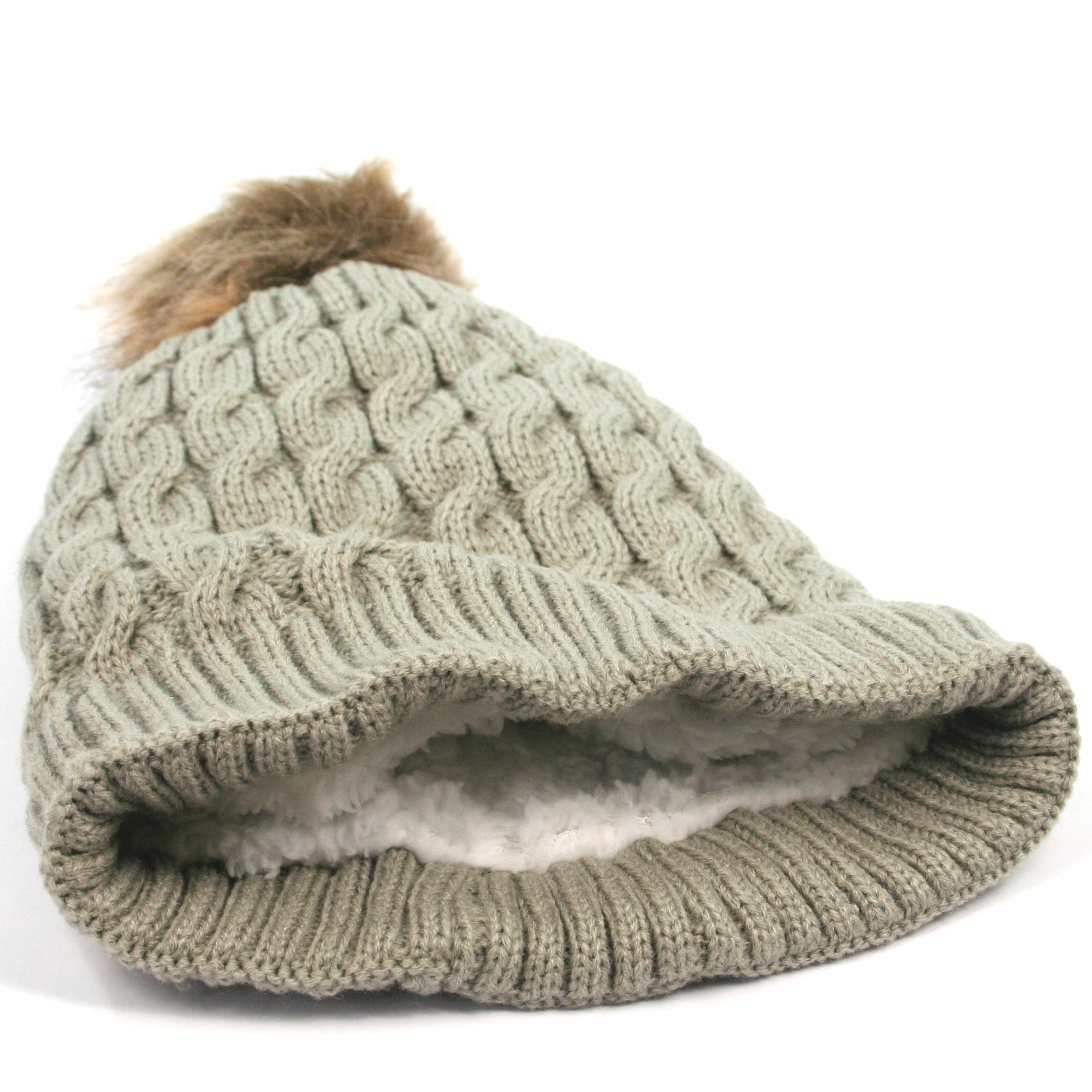 Cable Knit Bobble Hat - Grey (Lined)