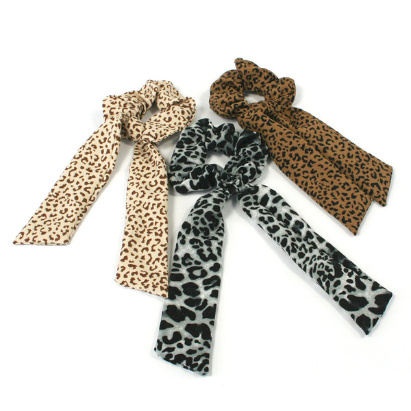 Animal Print Hair Scrunchie with Scarf Tassel - 12 Assorted