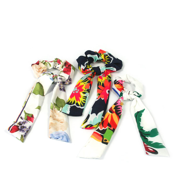 Floral Hair Scrunchie with Scarf Tassel - 12 Assorted