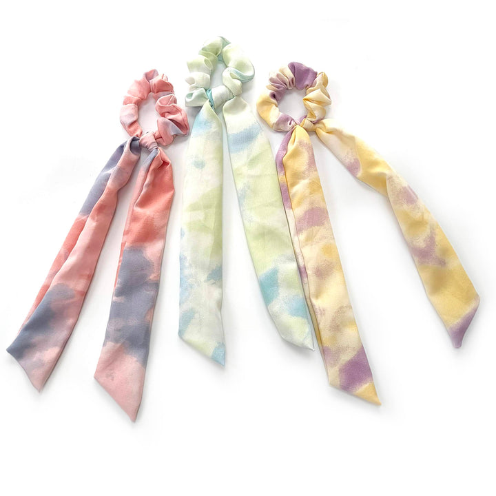 Tie Die Hair Scrunchie with Scarf Tassel - 12 Assorted