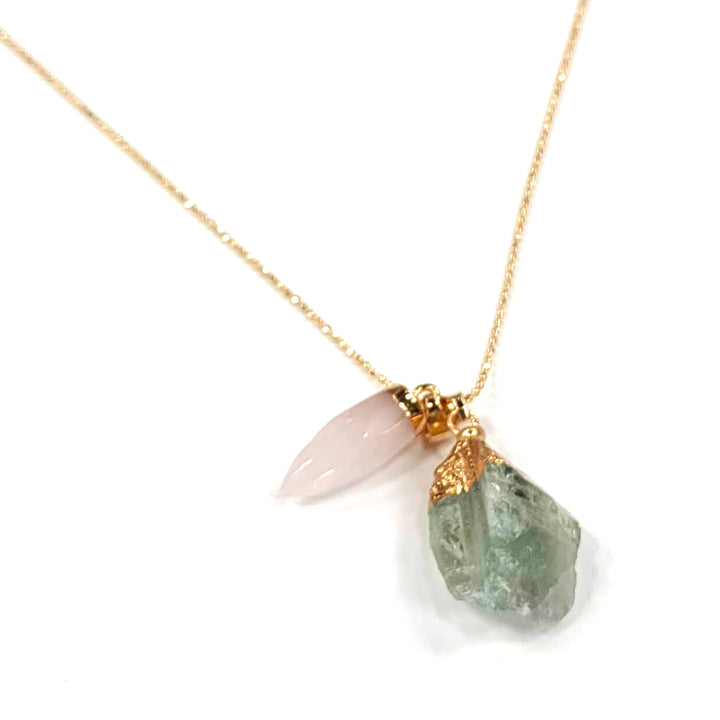 Duo Drop Bobble Chain Necklace - Rose Quartz  & Green