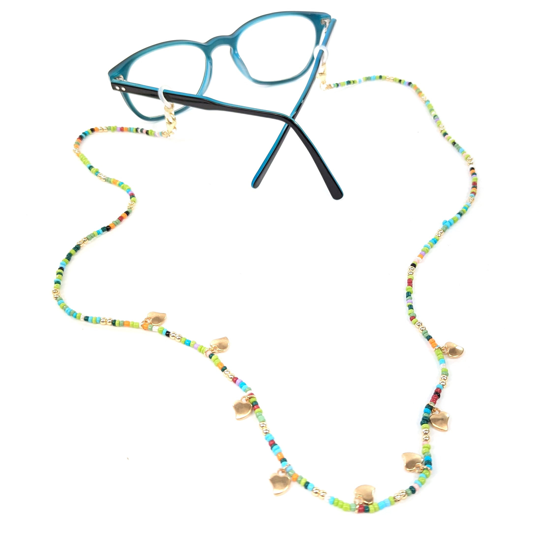 Glasses Chain - Green Hearts & Seed Bead