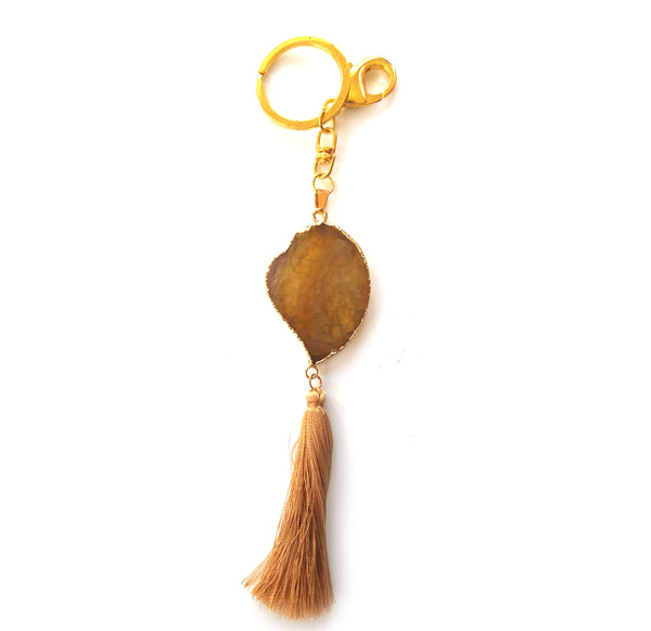 Crystal & Hanging Tassel Keyring - Gold